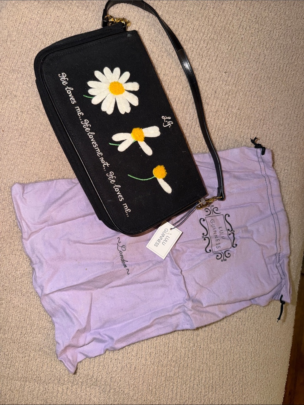 Lulu Guinness Black Daisy Wristlet with White & Yellow Embroidered Daisies